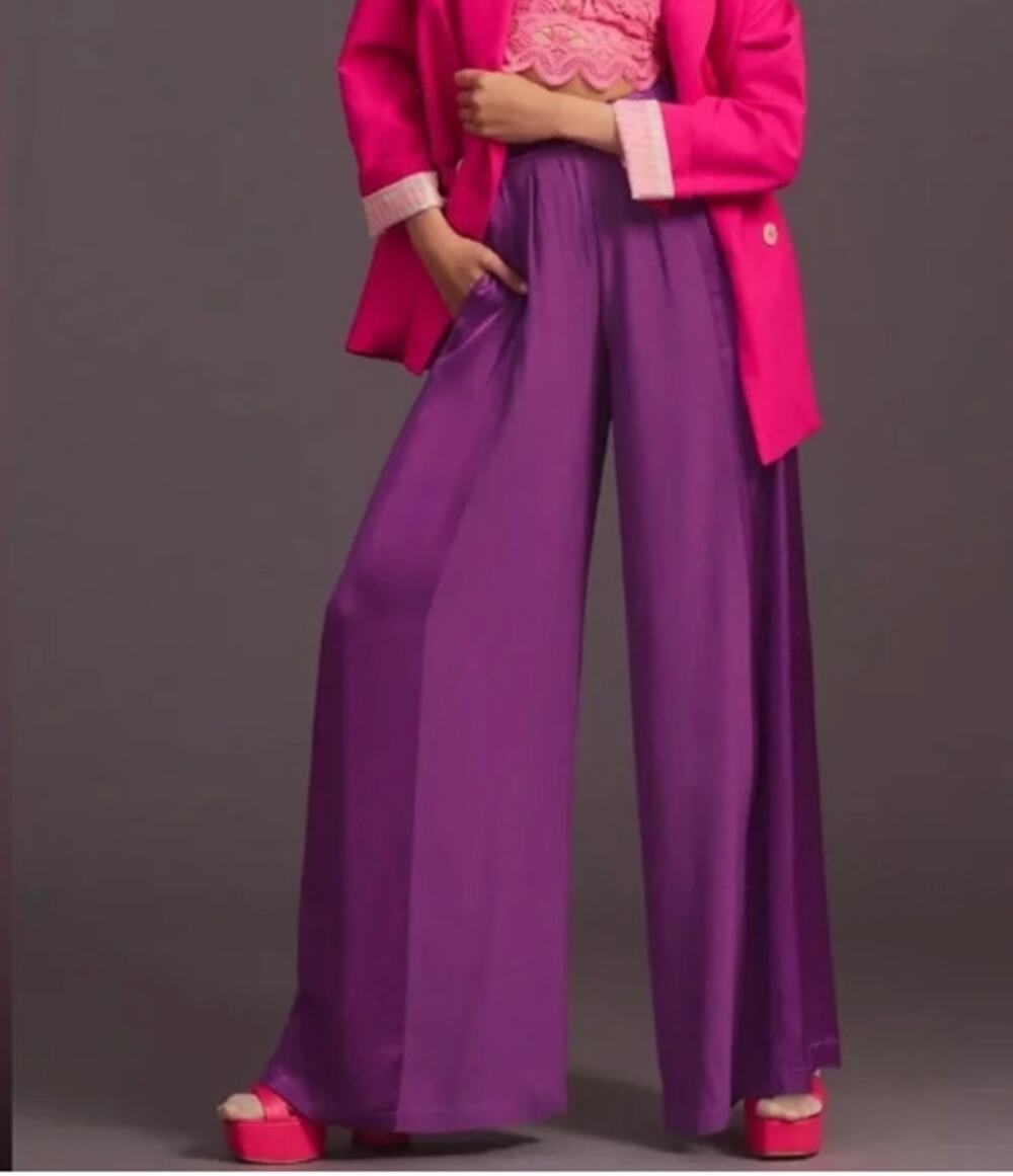 COREY LYNN CALTER Purple Satin Two Texture Wide Leg Drapey Pants | Medium